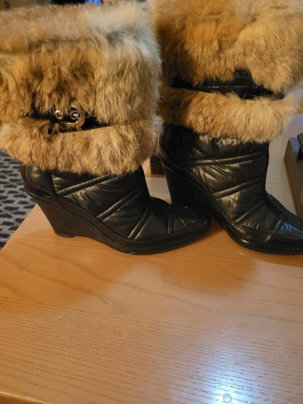 Via Spiga Black Wedge Boots with Tan Faux Fur Cuffs